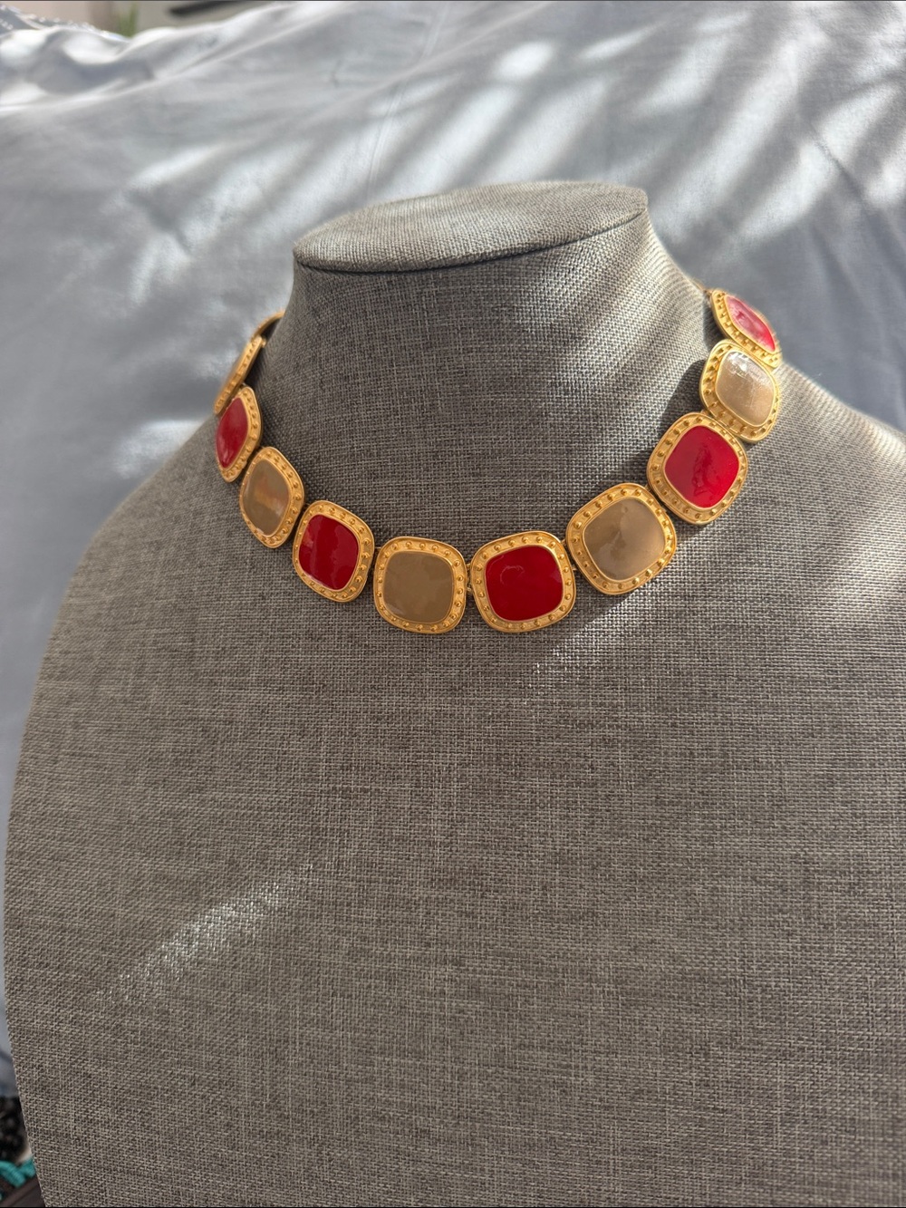Gold-Tone Red and Beige Enamel Square-Link Necklace